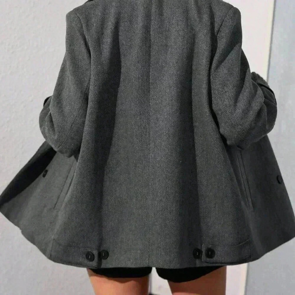 Dark Grey Casual Women's Oversized Turndown Collar Herringbone Mid-Length Jacket - Picture 4 of 6